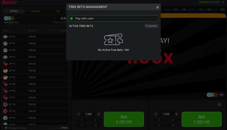Aviator free bets panel reading No Active Free Bets