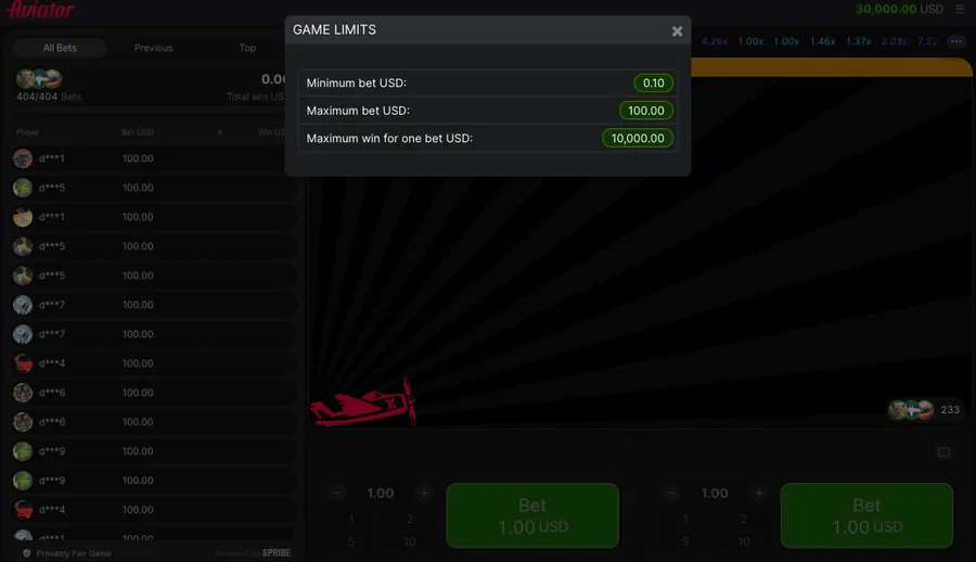 Aviator GAME LIMITS panel showing three USD limits