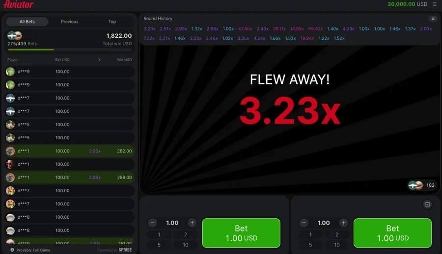 Aviator Round History panel listing thirty past multipliers
