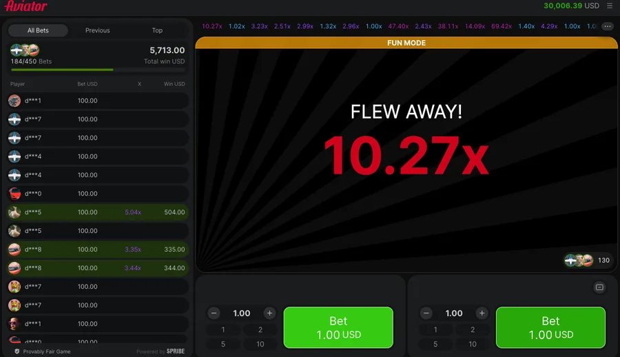 Aviator end-of-round screen reading FLEW AWAY at 10.27x