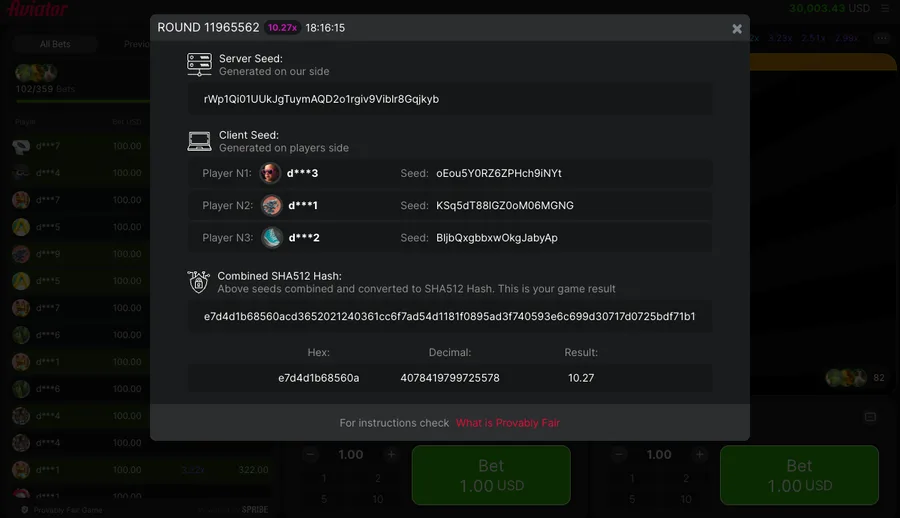 Aviator fairness panel for round 11965562 with all seeds
