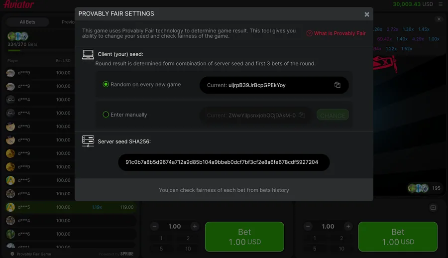Aviator Provably Fair settings with next server seed hash